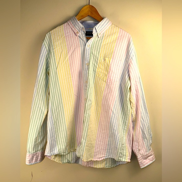 Chaps Shirt Button Down Men's Size XXL Pastel Striped Rainbow Cotton Preppy - Picture 1 of 11